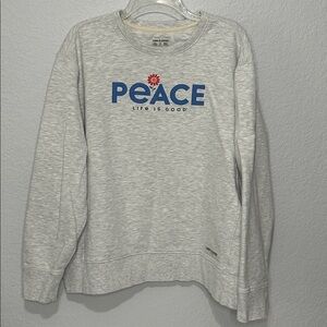 Life Is Good Women’s Heather Gray Crewneck Sweatshirt Blue and Red Peace Logo XL